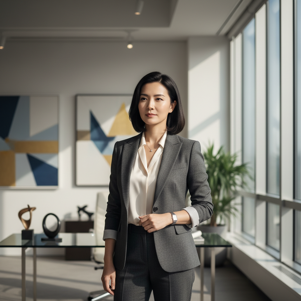 Professional East Asian woman real estate agent, polished appearance, luxury office setting