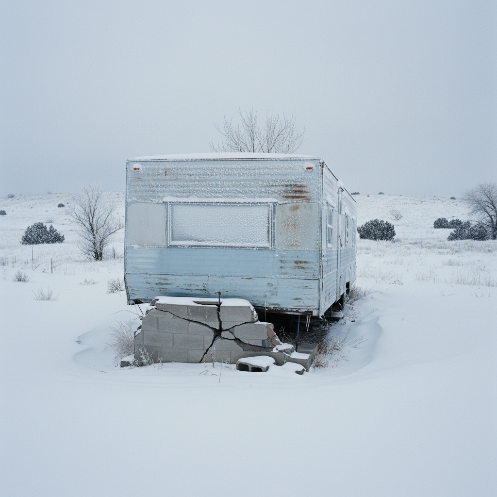 Snow-covered trailer home on reservation land with frost on windows and failing foundation visible in foreground