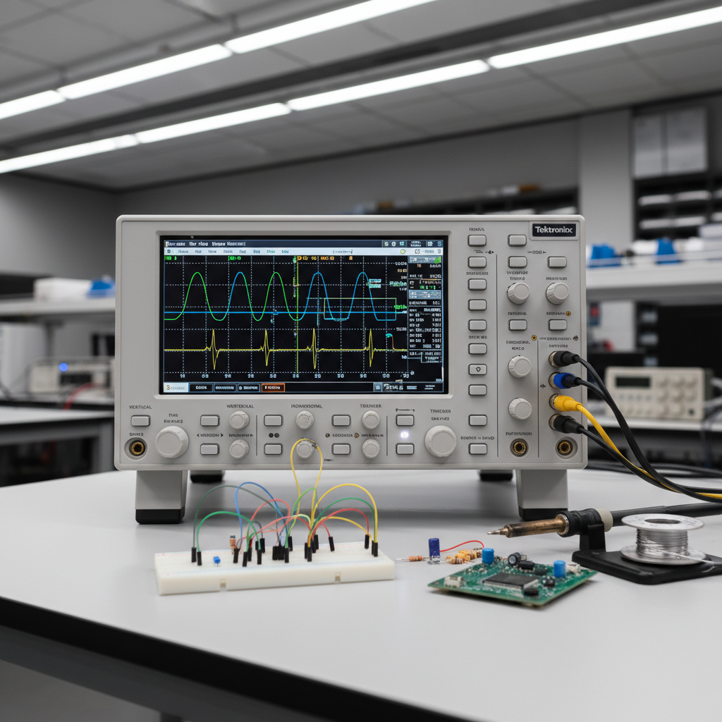 Oscilloscope numérique affichant des formes d'onde dans un laboratoire d'électronique, lumière froide, équipements de mesure professionnels