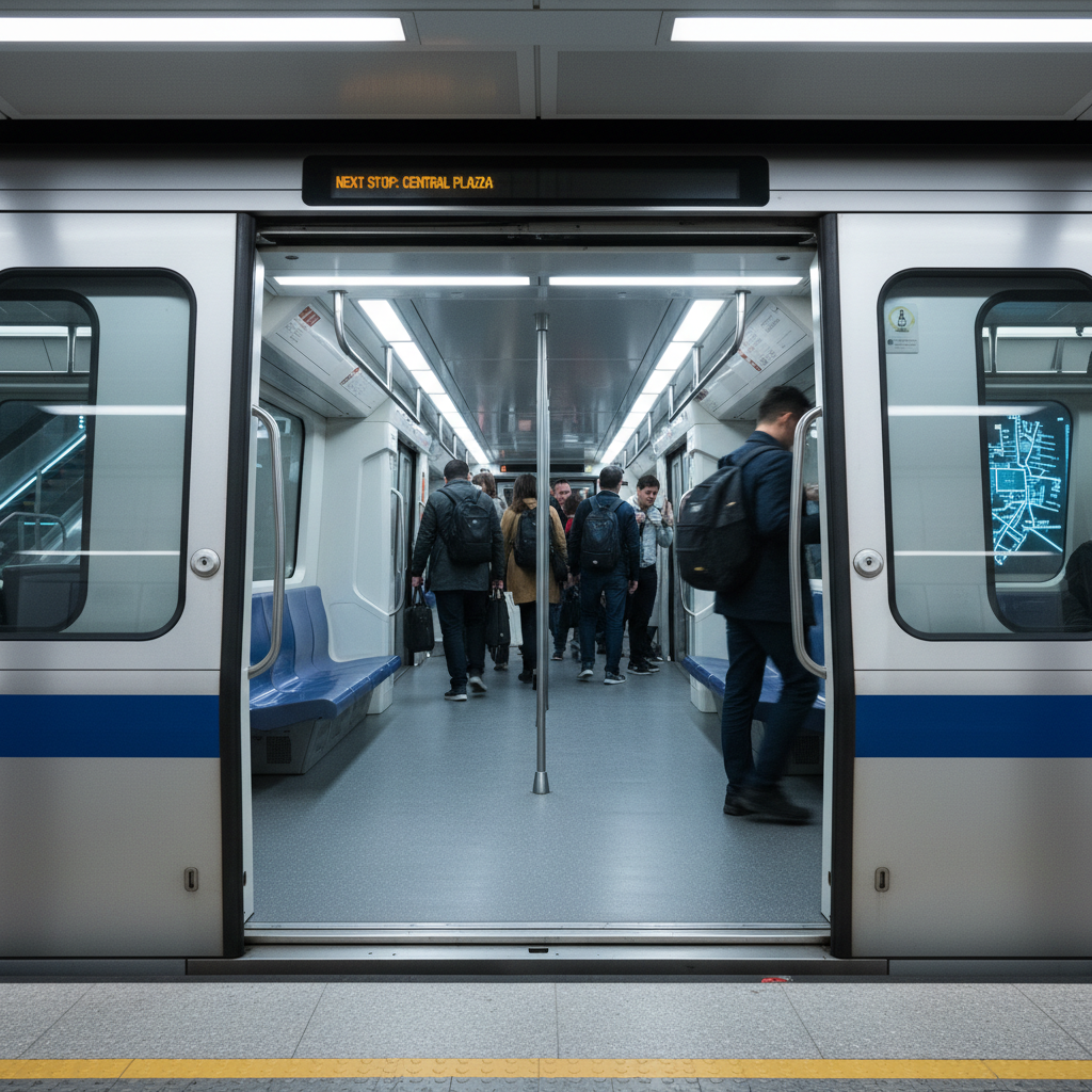 Modern metro train with wide doors and LED interior lighting showing passenger boarding efficiency