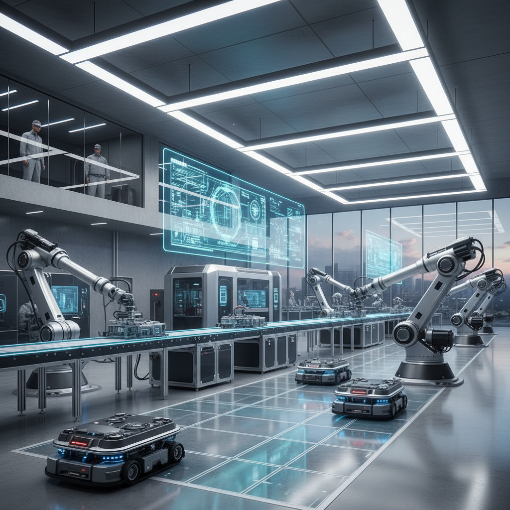 Modern manufacturing facility with robotic arms and digital control panels, bright industrial lighting