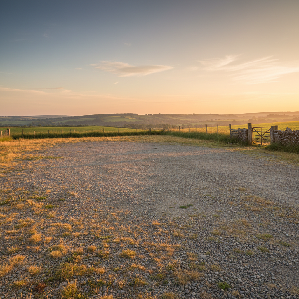 Rural hardstanding yard with gravel surface, open sky, green fields in background at golden hour