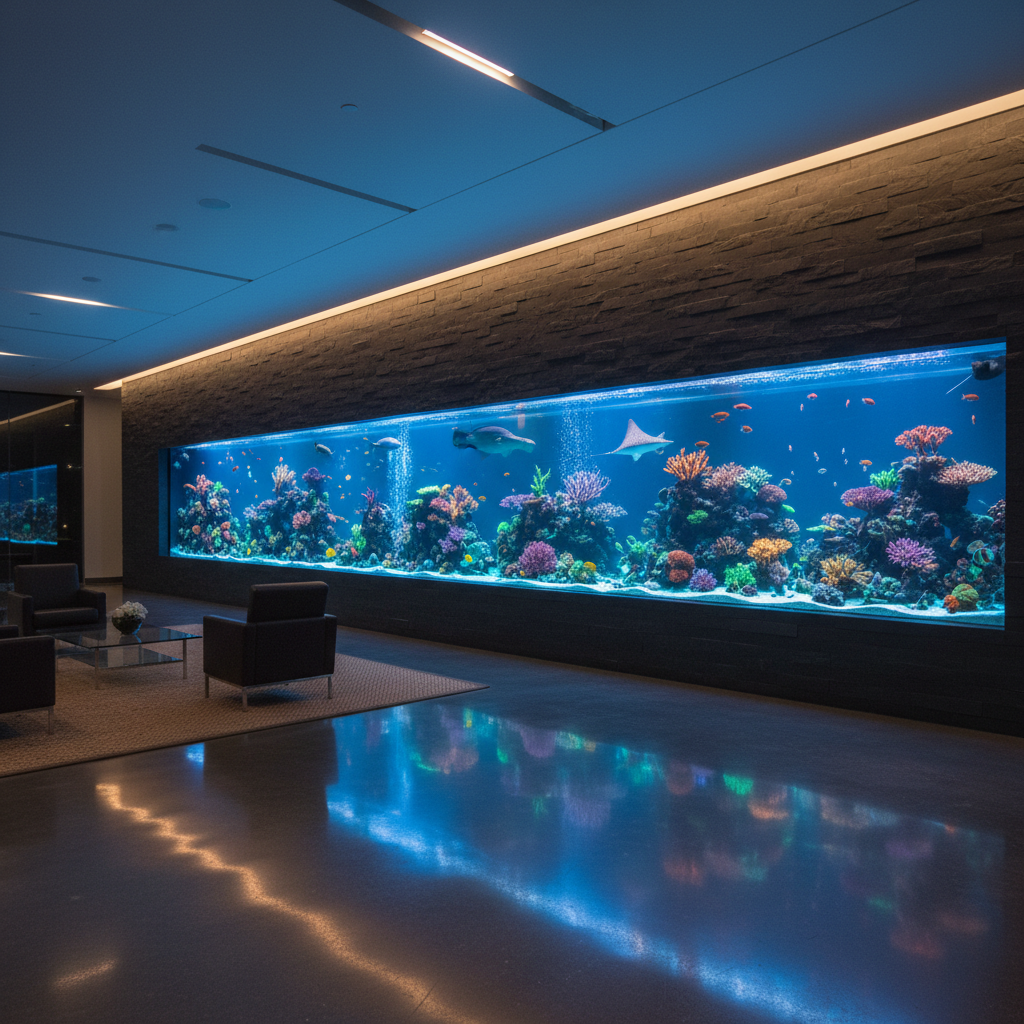 Massive custom reef aquarium embedded in a slate-gray corporate lobby wall at night, actinic lighting casting amber and cerulean reflections across polished concrete floors