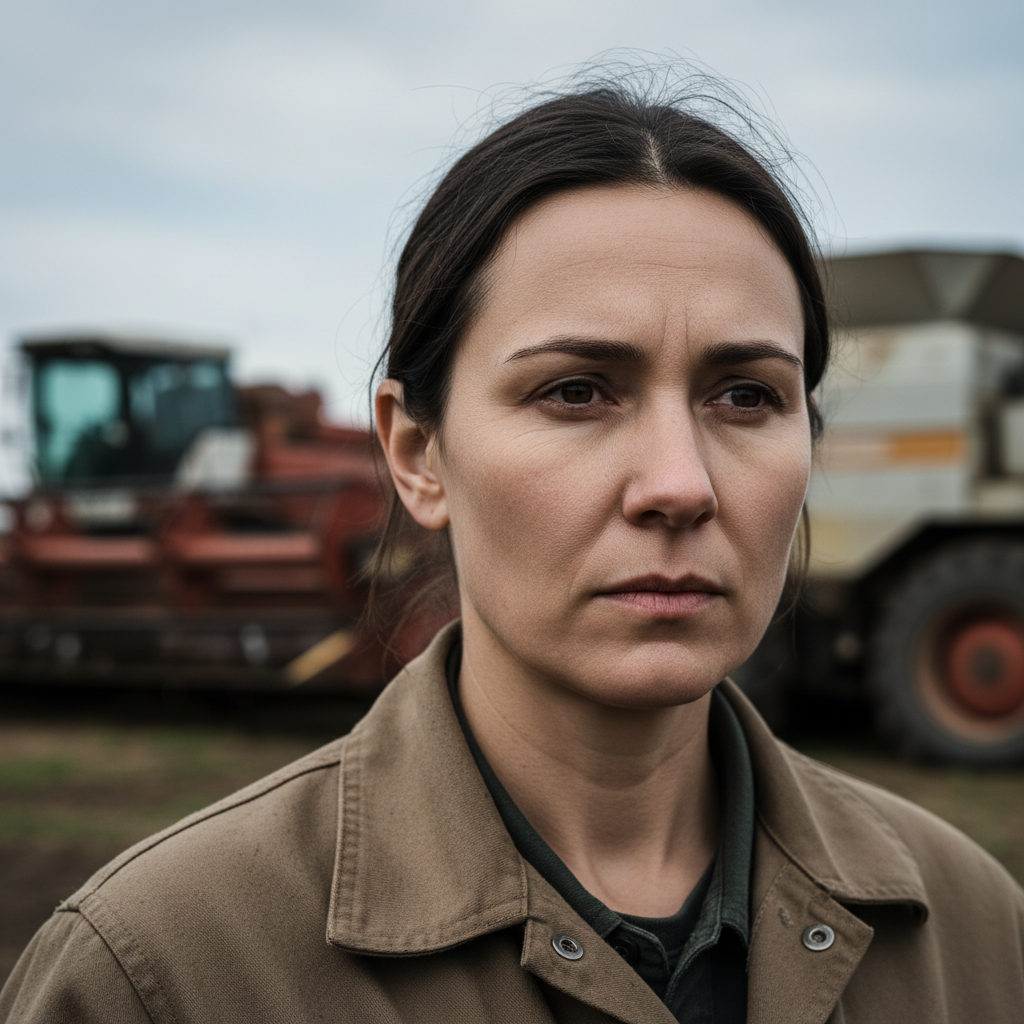 Margaret Solberg, farm equipment specialist, outdoors near agricultural machinery, serious expression, black and white portrait