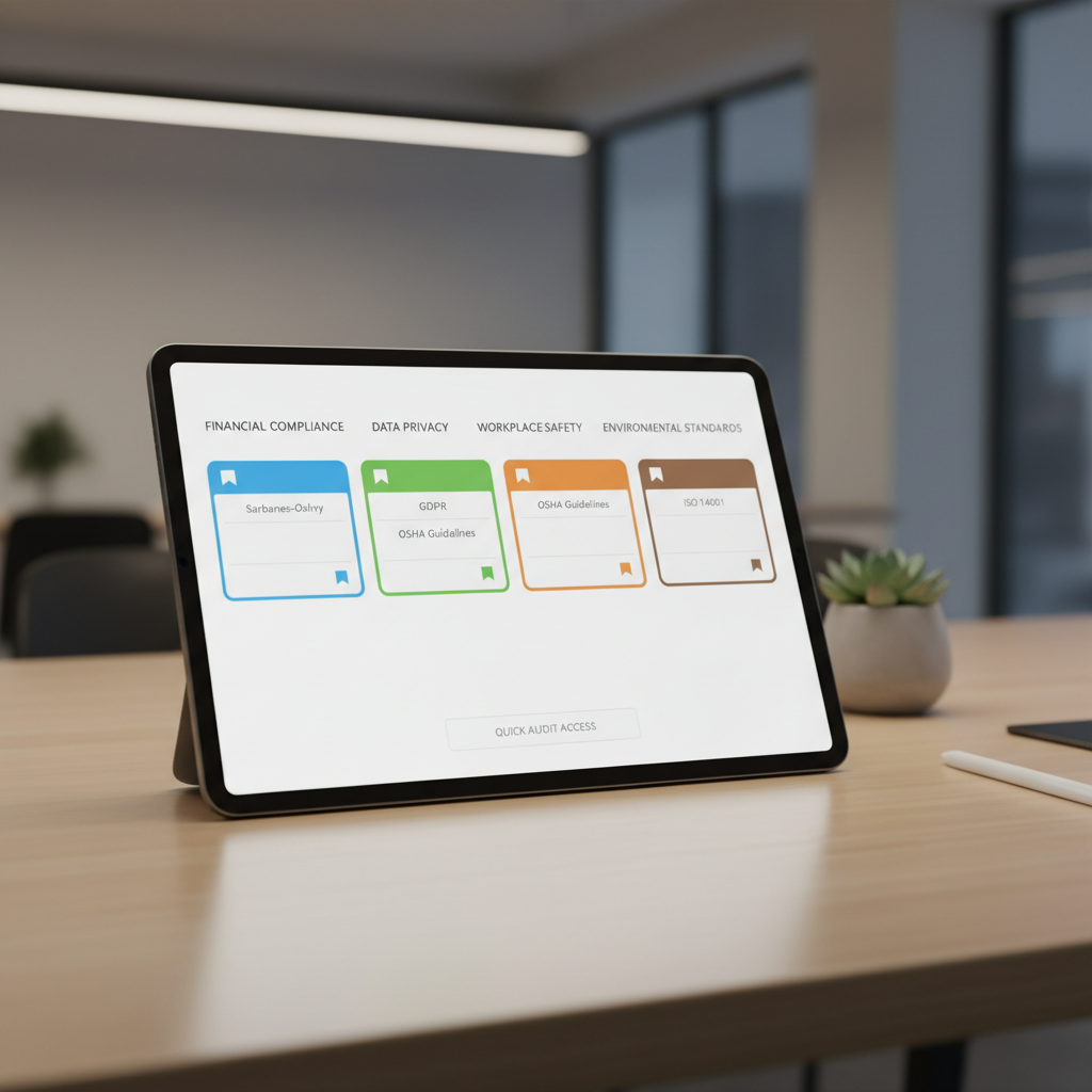 Tablet showing bookmarked regulation cards organized by category for quick audit access