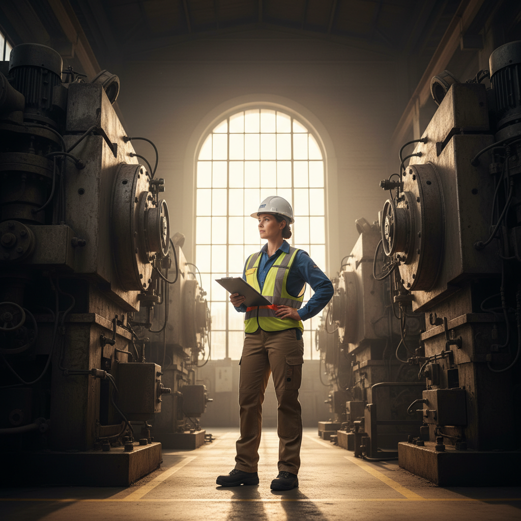 Environmental auditor in hard hat holding clipboard, standing between industrial machinery with morning light cutting through a high factory window