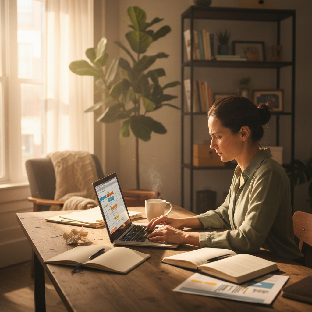 Small business owner working at desk with laptop