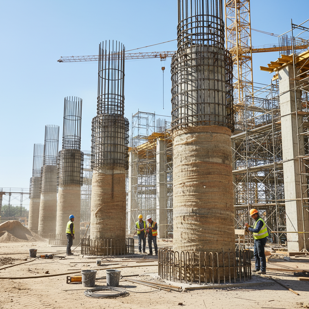 Dense steel reinforcement cage for RCC column, precise rebar placement, deep industrial shadow, dark construction environment