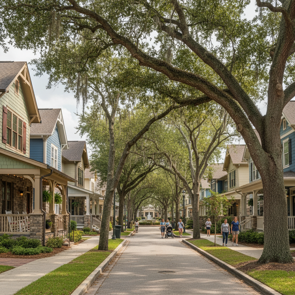 Charming Baldwin Park neighborhood in Orlando with craftsman-style homes and tree-lined sidewalks
