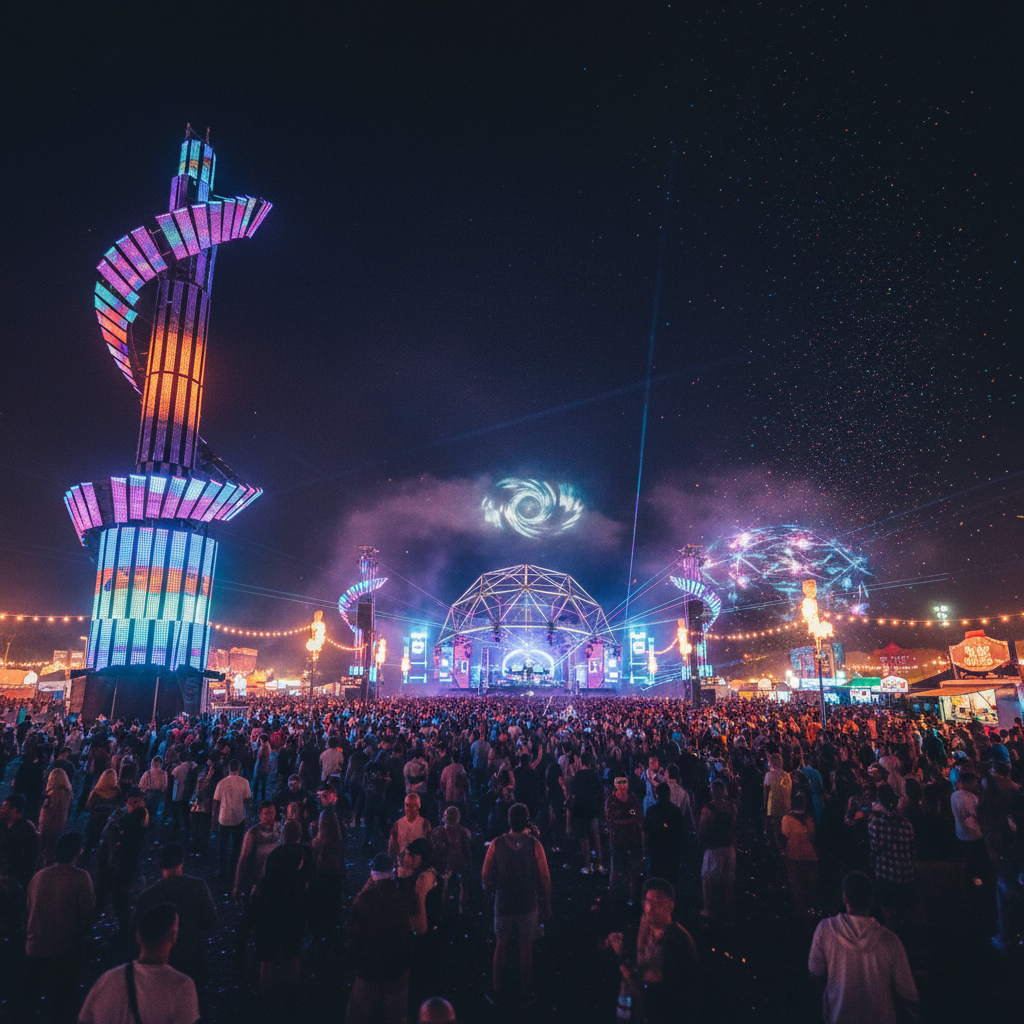Large-scale festival grounds at night with light installations and thousands of attendees
