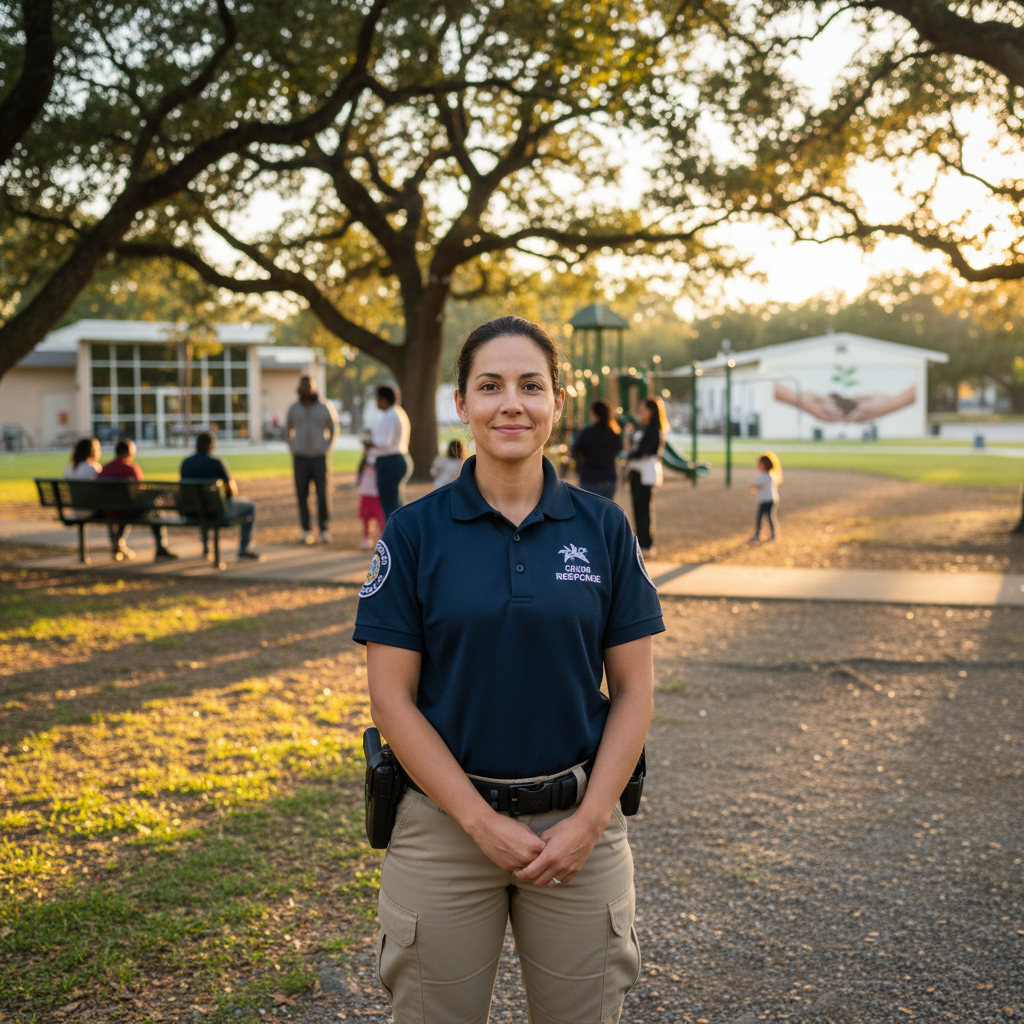Crisis intervention officer in a calm community setting, soft outdoor light