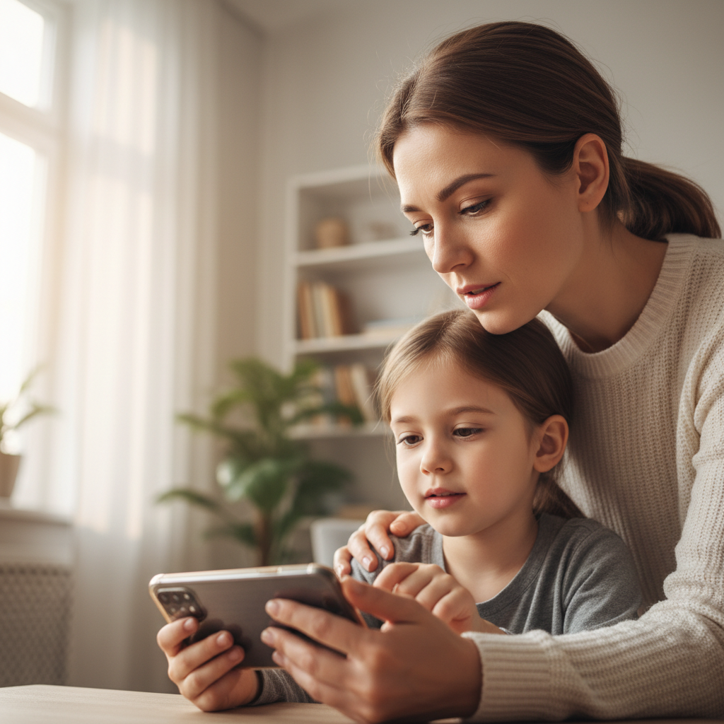 Родитель и ребёнок смотрят на смартфон вместе