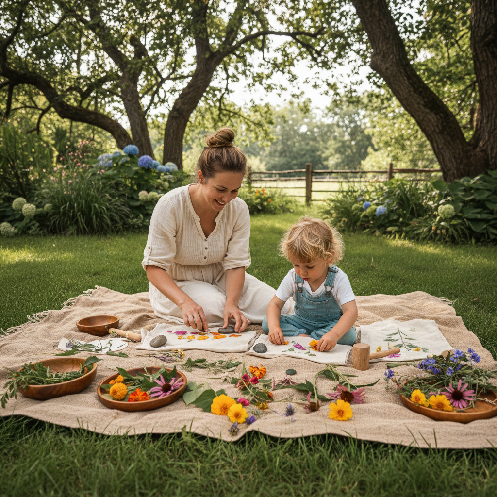 Mother and young child pressing flower petals into fabric creating natural dye art outdoors