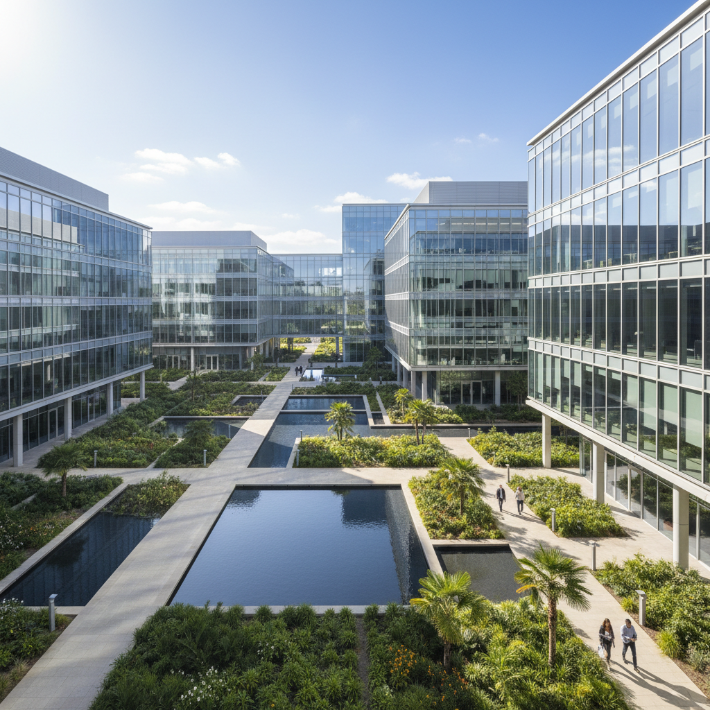 Modern corporate office building exterior with glass facade and landscaped entrance