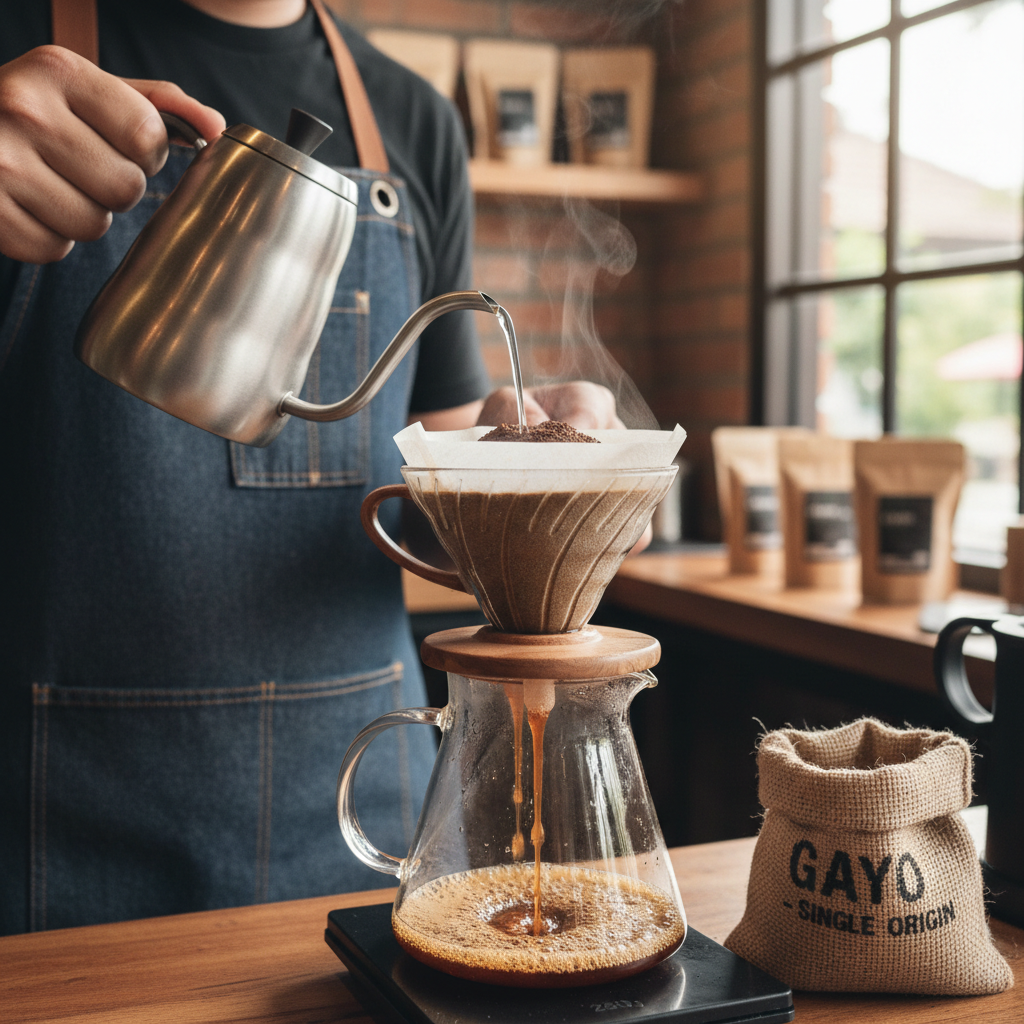 V60 pour-over coffee brewing with gooseneck kettle, steam rising, bright natural kitchen window background