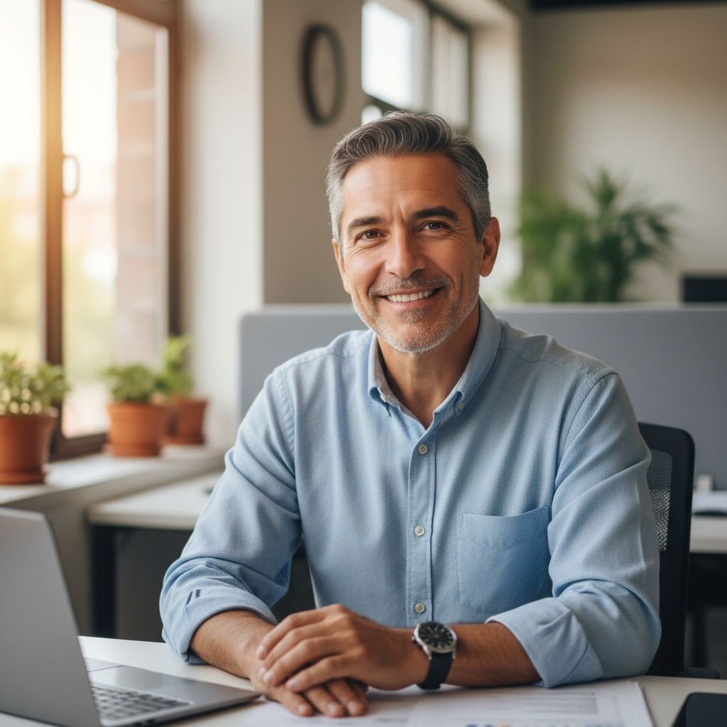 Marcus Delgado, a confident Latino man in his 40s in a dark blazer, smiling in a professional setting