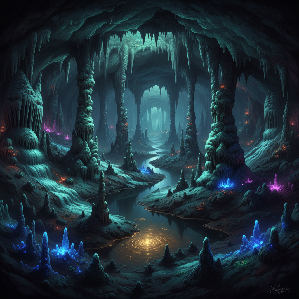 Deep dark cave with mysterious glowing formations underground