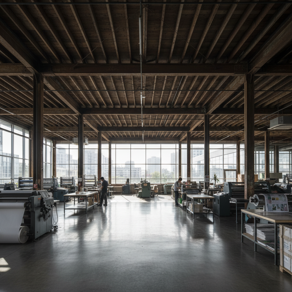 Former industrial print shop with large windows, exposed beams and polished concrete floor