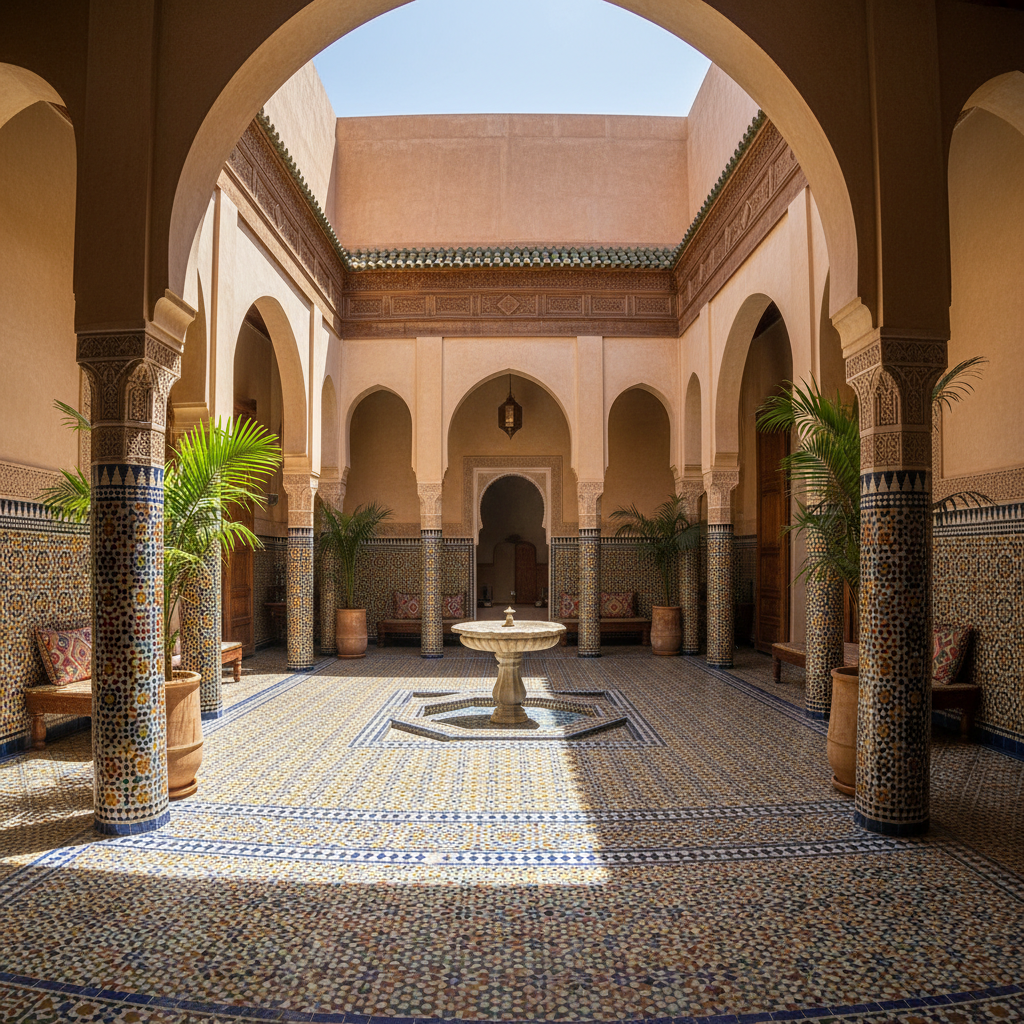 Traditional Moroccan riad courtyard with central fountain and intricate mosaic tile work