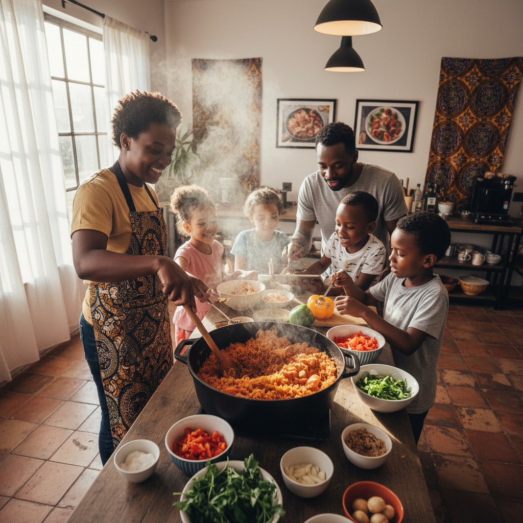 Family cooking together at a cultural cooking class, stirring a large pot of jollof rice