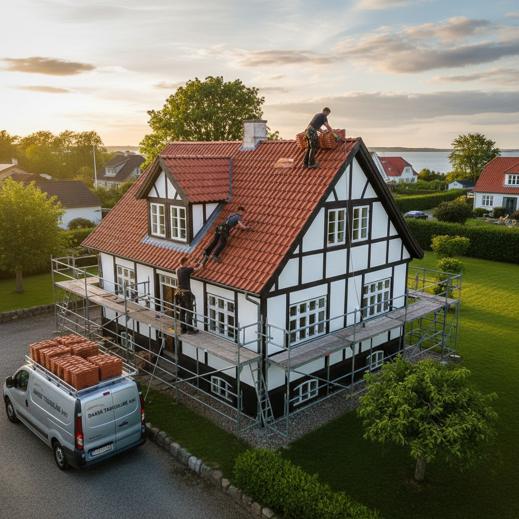 Aerial view of professional roofing crew installing premium tile roof on large California home, golden hour sunlight, expert craftsmanship, high-end residential construction