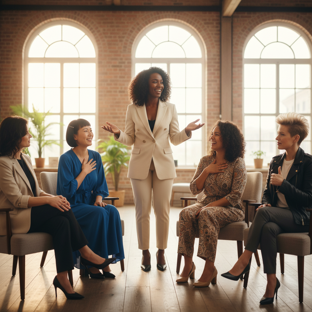 Mujeres en círculo íntimo compartiendo un momento de conexión y presencia