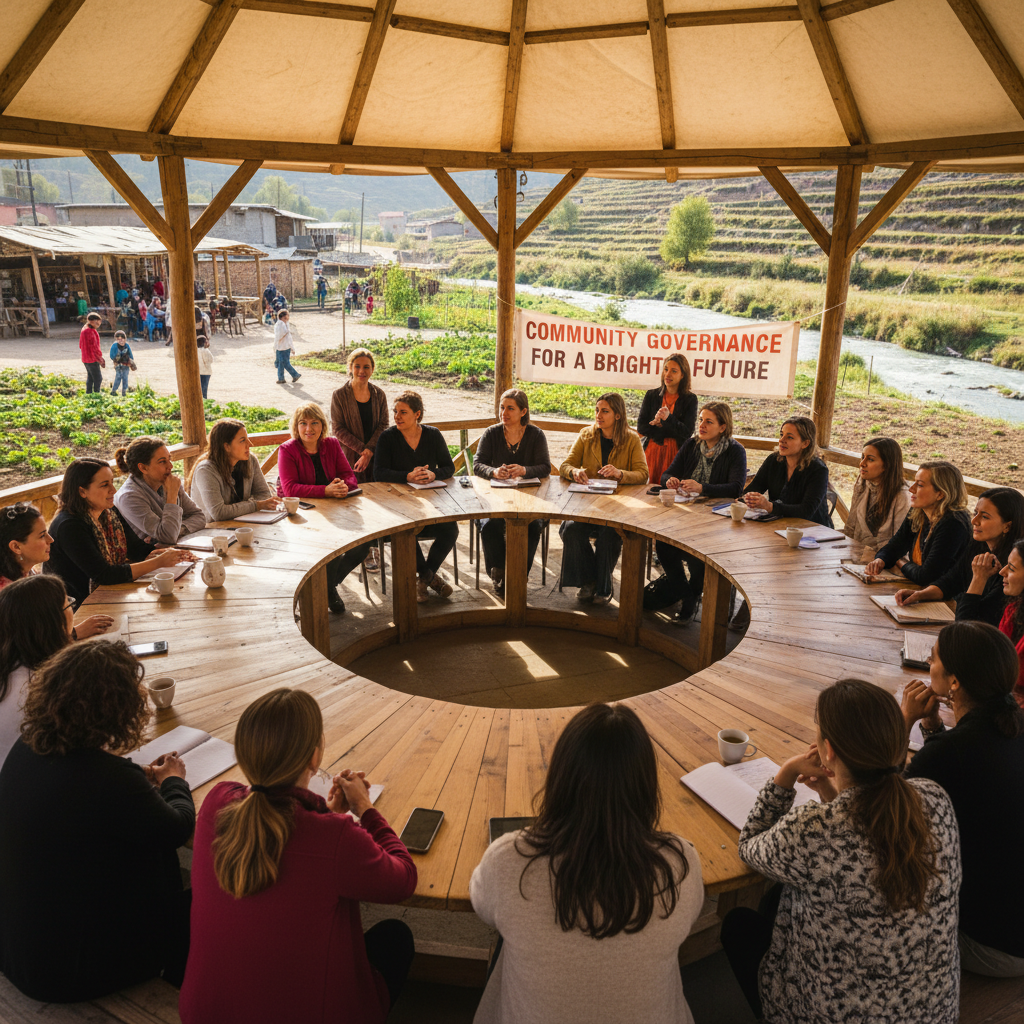 African women community leaders in colorful traditional attire engaged in discussion at an outdoor community meeting