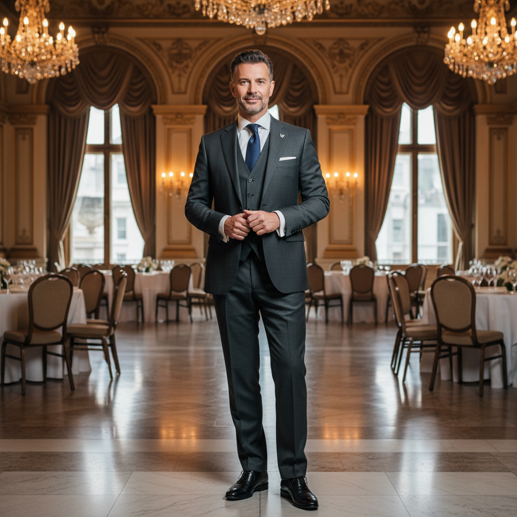 Corporate event manager James Whitmore in business attire