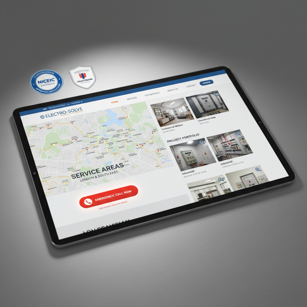 Professional electrical contractor website showing NICEIC accreditation badges, service area map, emergency contact button, and project portfolio gallery
