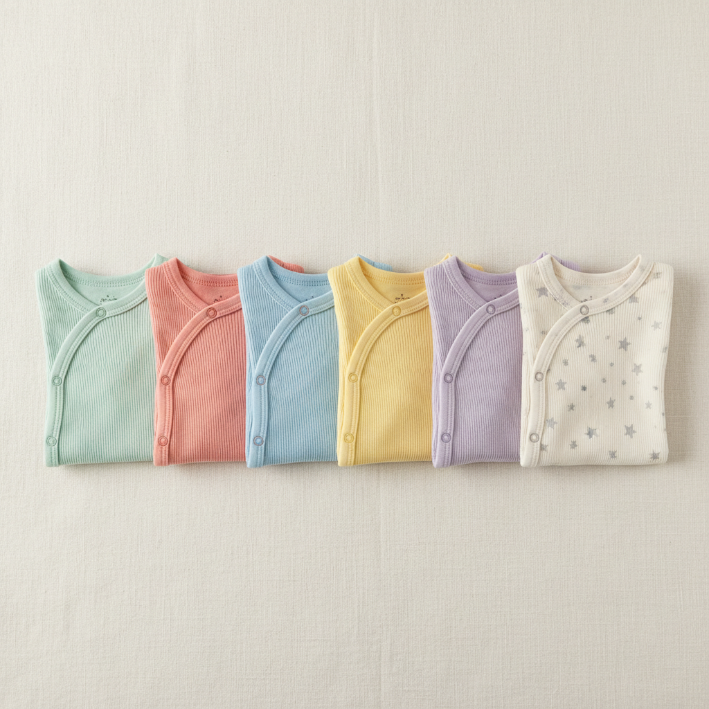 Small baby onesies folded gently in a row