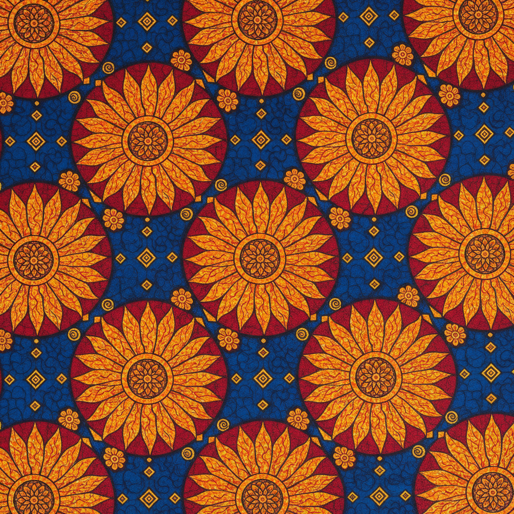 Vibrant blue and orange Ankara fabric with bold geometric circles and diamond patterns spread flat in warm afternoon light