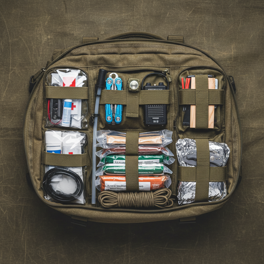 Close-up of a hand-packed 72-hour emergency bag with organized compartments, medical supplies, and survival gear on a waxed canvas surface