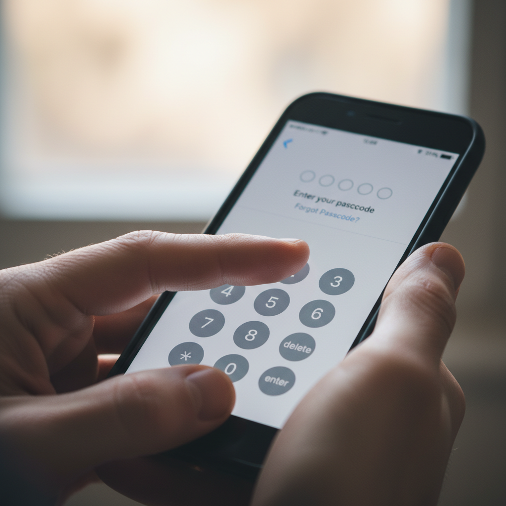 Person holding smartphone with biometric authentication interface on screen
