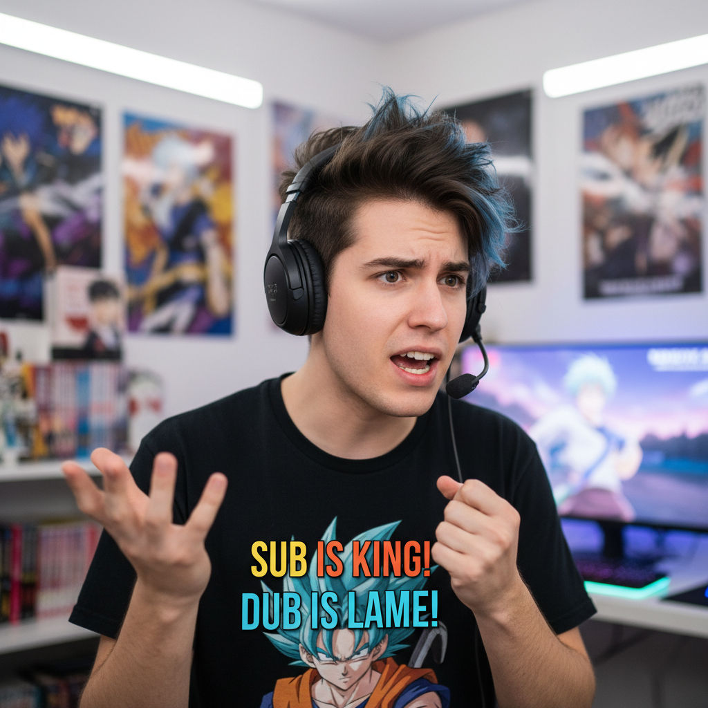 Person with strong opinion expression as anime sub vs dub debate participant