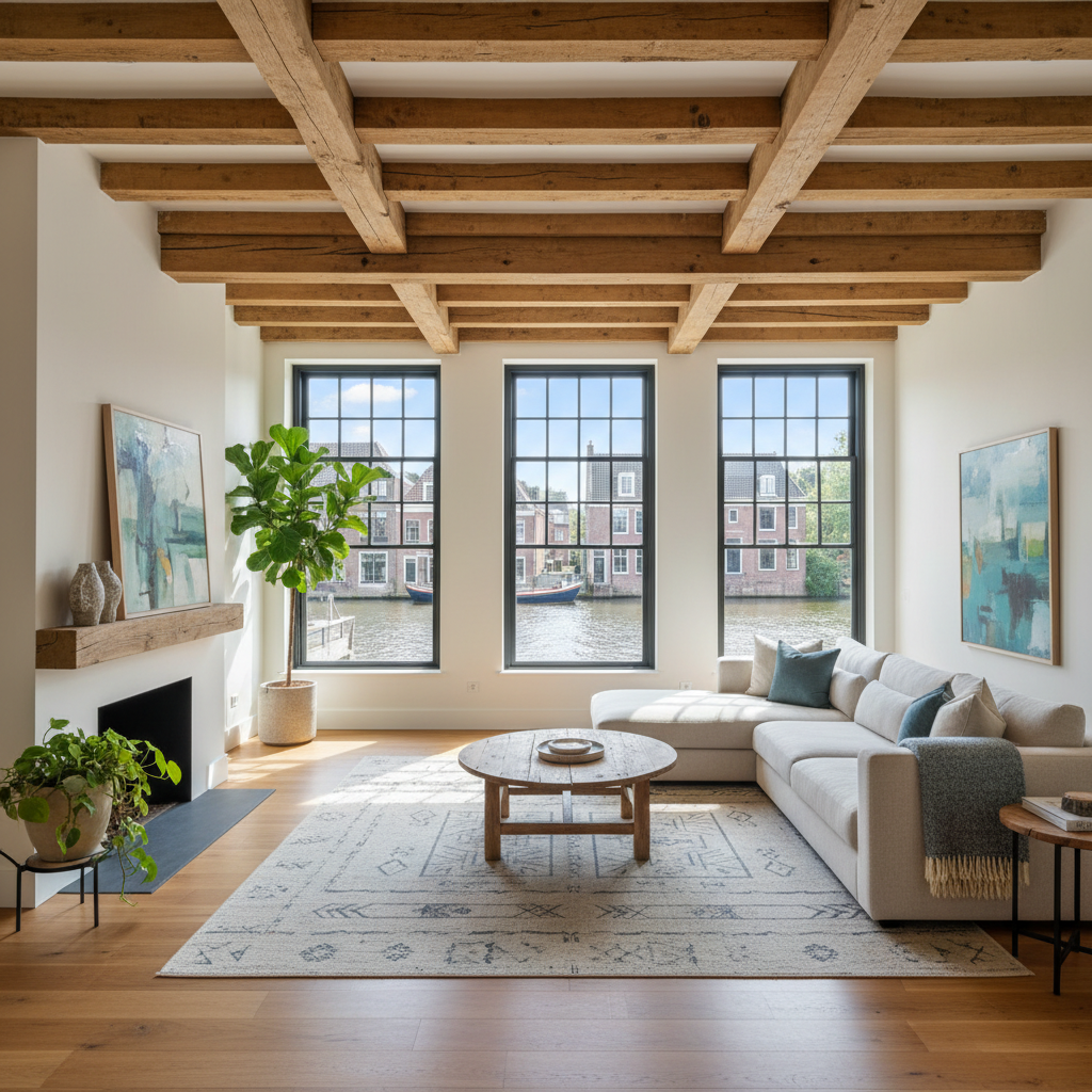 Bright canal-view apartment living room with large windows in Amsterdam