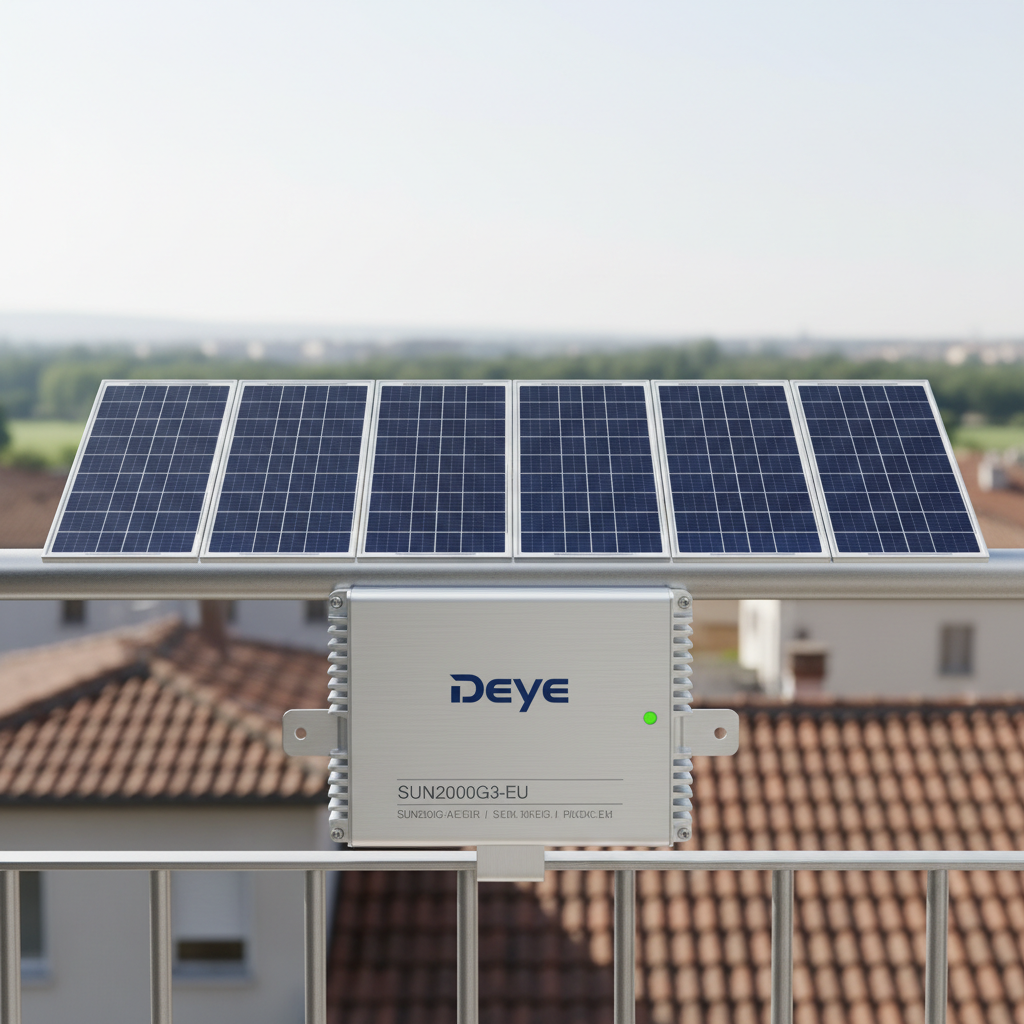 Micro-onduleur solaire Deye installé sur balcon avec panneaux orientés sud