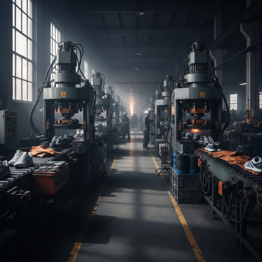 Industrial manufacturing facility with dramatic dark atmosphere, heavy machinery silhouettes, low-key directional lighting