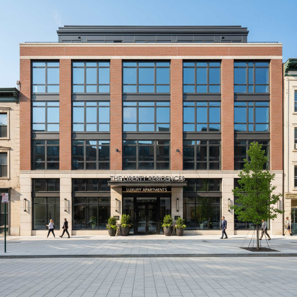 Philadelphia mid-rise apartment building after complete renovation with new lobby and exterior