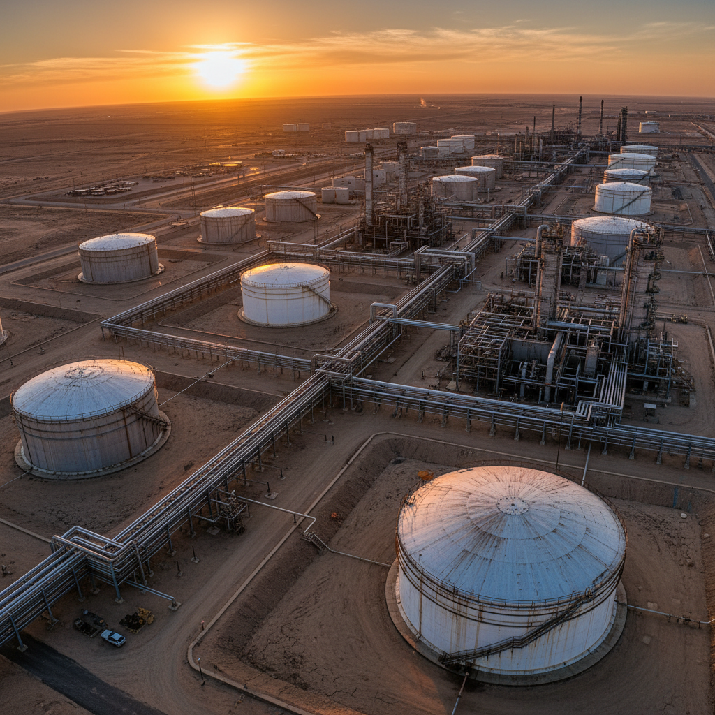Industrial oil refinery with large cylindrical storage tanks at sunset