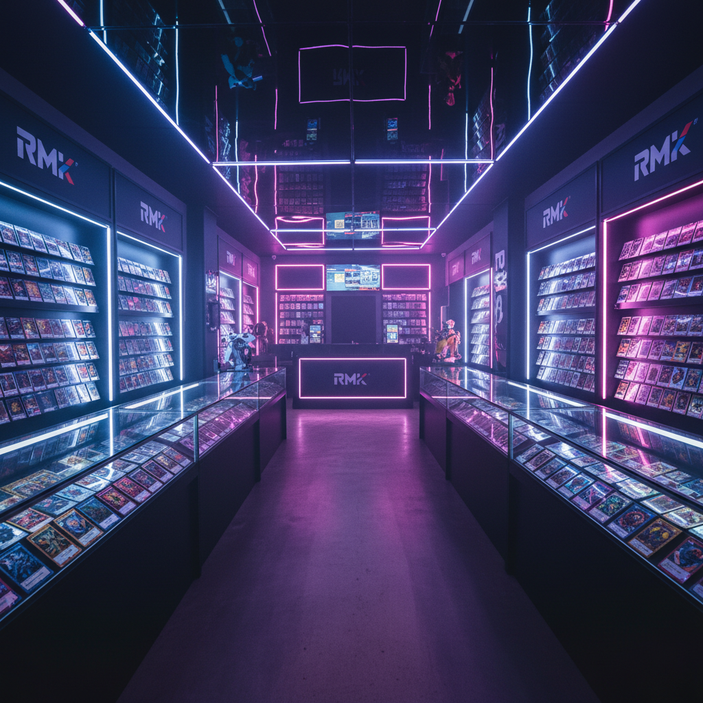 RMK shop interior with trading card displays in dark neon-lit retail environment