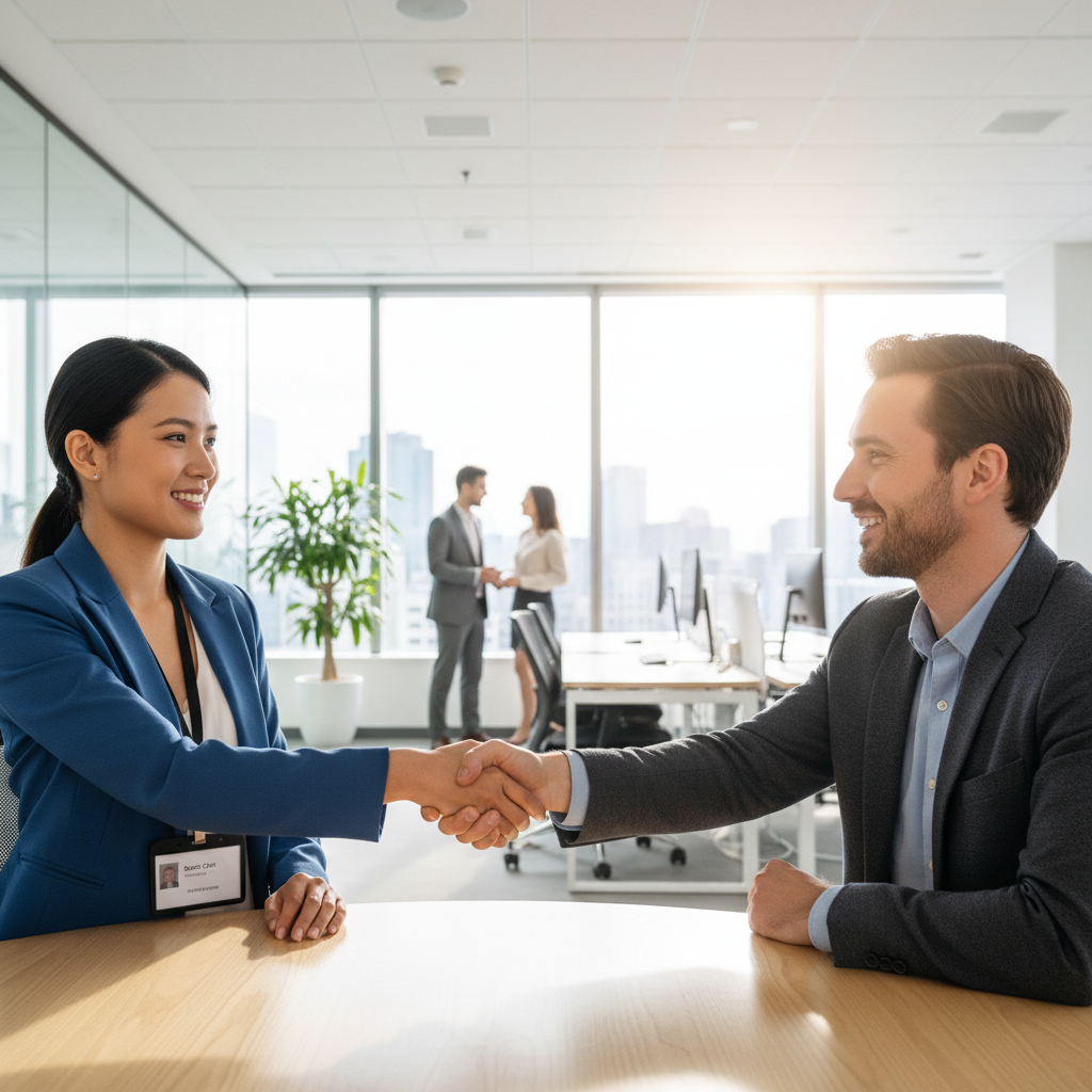 Two people shaking hands in a bright office setting, one in a lanyard, suggesting a job interview or referral meeting