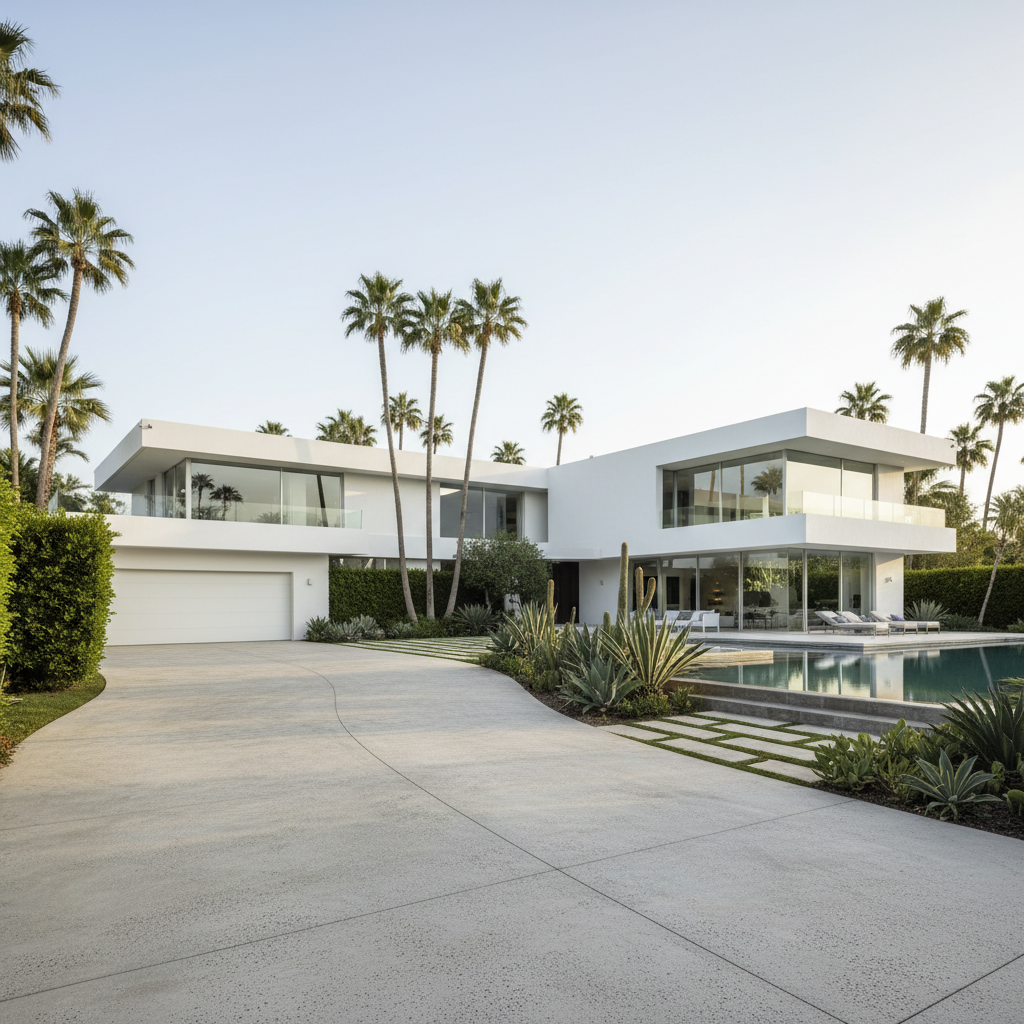 Modern coastal home with white exterior, large glass windows, and manicured tropical garden in bright daylight