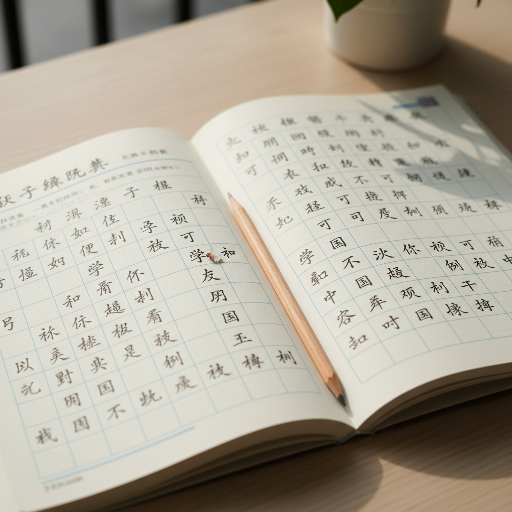 Open Chinese textbook with writing practice on a wooden desk