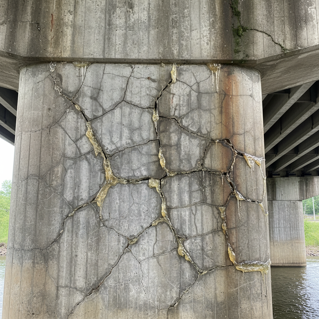 Concrete bridge abutment showing characteristic map cracking pattern caused by alkali-silica reaction with gel exudate