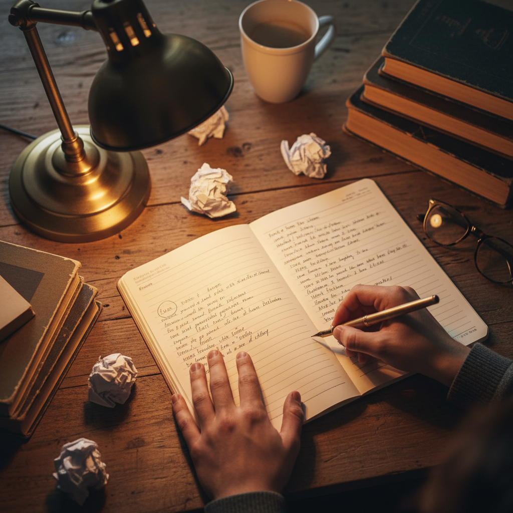 Person writing in notebook at clean desk with warm light, academic environment