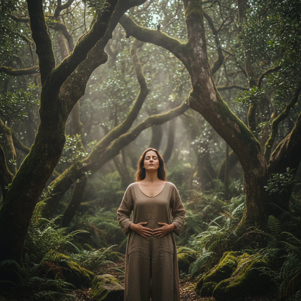 Woman practicing deep breathing in peaceful natural setting with closed eyes