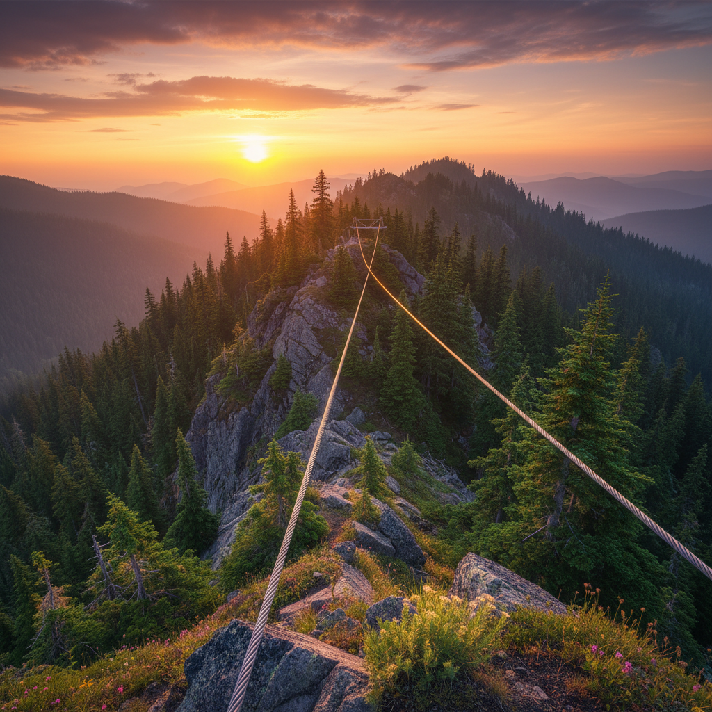 Mountain ridge at golden hour with zip line cable visible stretching between two forested peaks