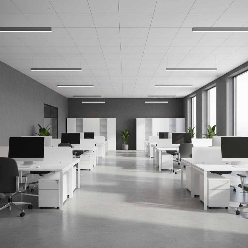 Modern open-plan office after renovation with suspended ceiling, recessed lighting, white walls