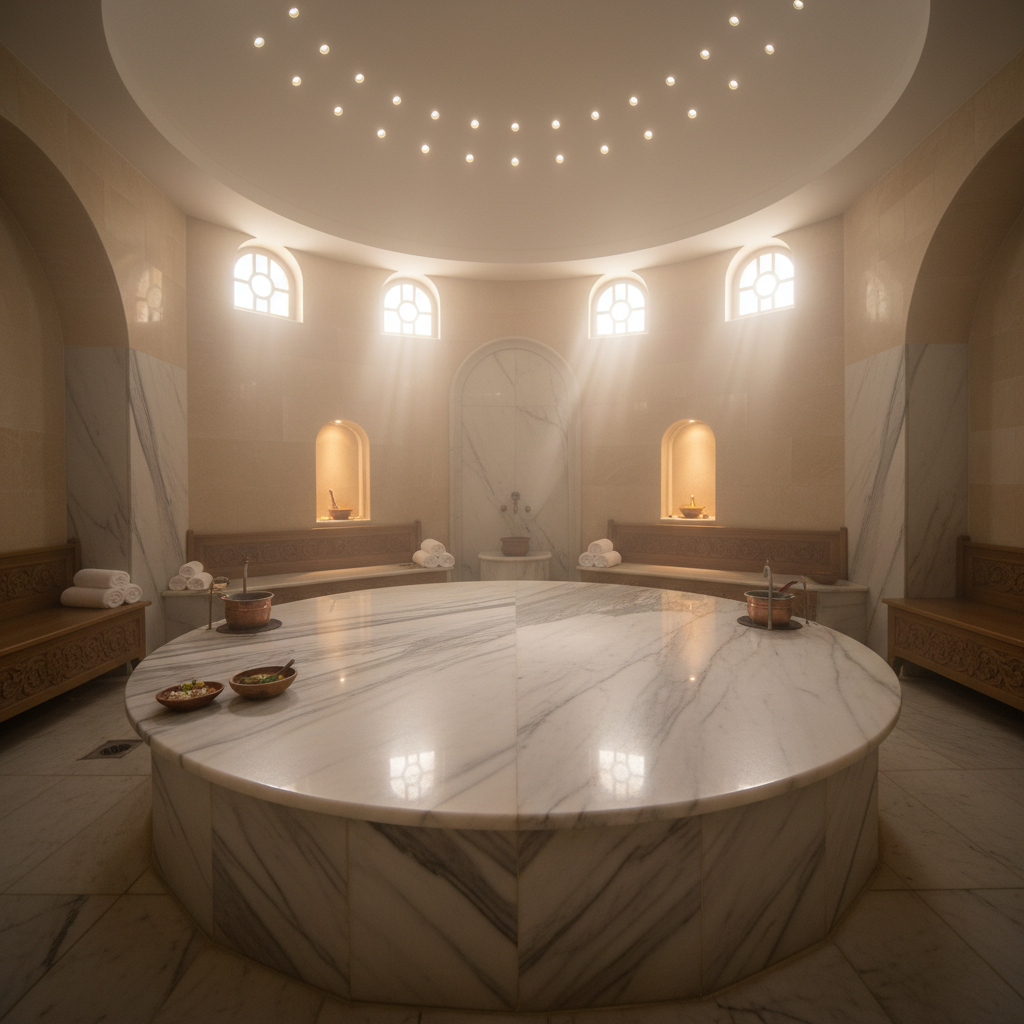 Luxurious spa interior with travertine stone, warm candlelight, minimalist wooden furniture, and serene atmosphere