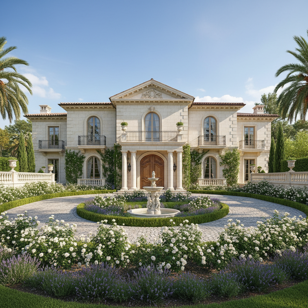 Premium residential villa with manicured garden, bright natural light, elegant architecture